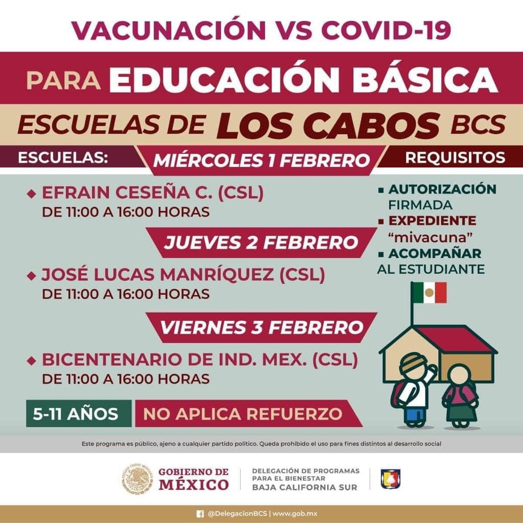 En Los Cabos habrá jornada de vacunación contra el COVID-19 para la niñez de 5 a 11 años de&nbsp;edad