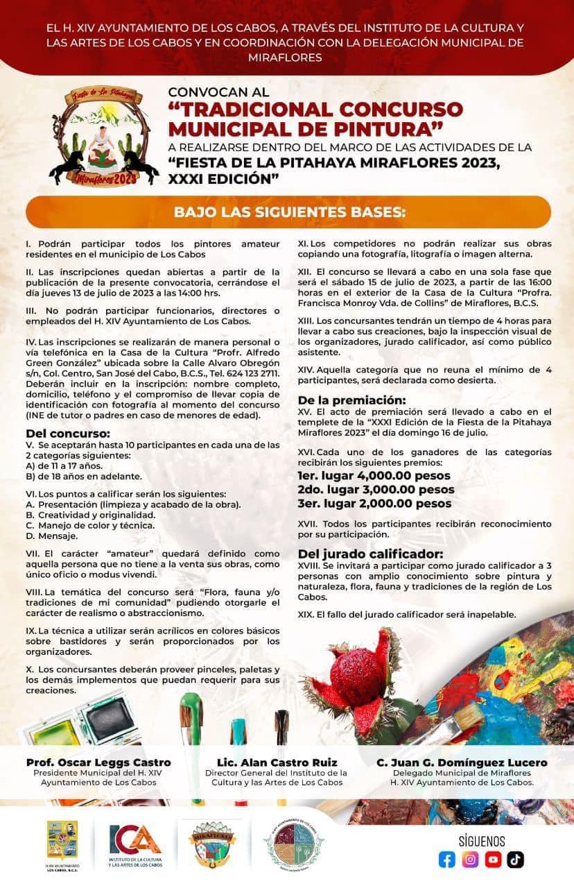 EL XIV AYUNTAMIENTO DE LOS CABOS, INVITA A LA CIUDADANIA A PARTICIPAR EN EL CONCURSO DE&nbsp;PINTURA