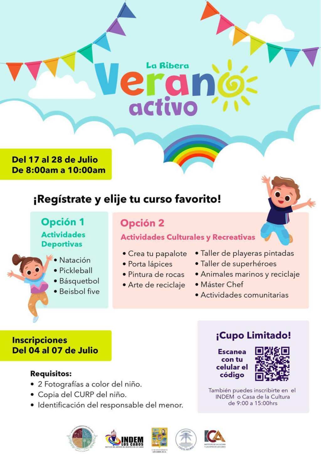 El XIV Ayuntamiento de Los Cabos que preside Oscar Leggs Castro, a través del Instituto del Deporte del Municipio de Los Cabos (INDEM), invita a las niñas y niños a inscribirse y participar en el curso vacacional “Verano&nbsp;Activo”.