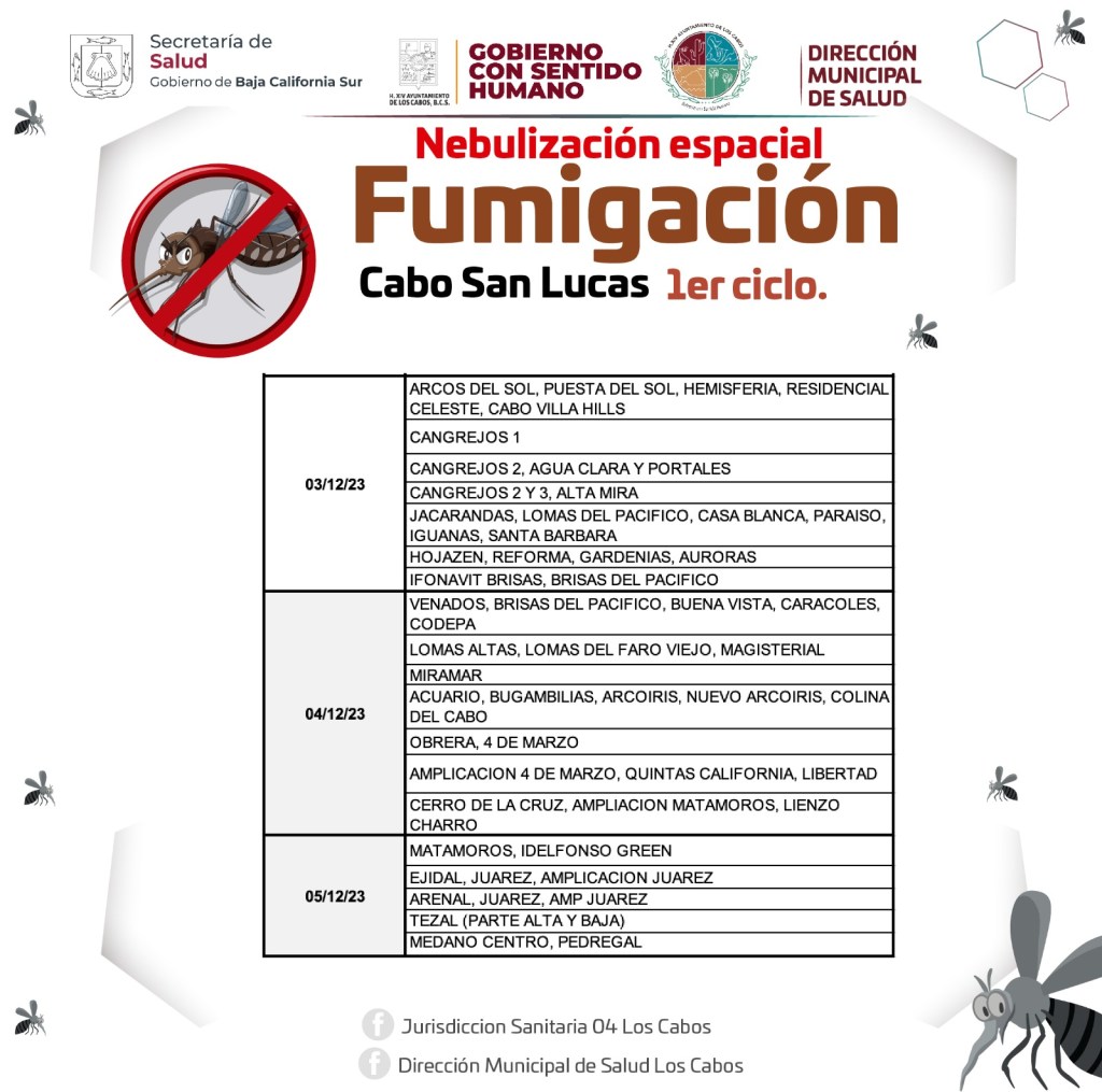 Con el objetivo de disminuir la población del mosco transmisor de dengue, zika y chikungunya, la XIV Administración del Gobierno de Los Cabos que preside Oscar Leggs Castro, continúa con el primer ciclo de la Campaña de Nebulización&nbsp;Especial.