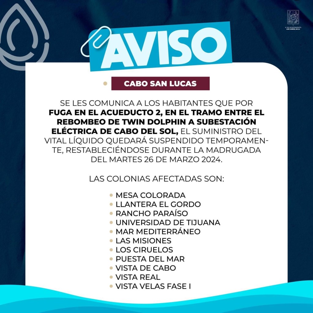 Se reportó una fuga de agua potable a la altura del tramo comprendido entre Twin Dolphin y Cabo del&nbsp;Sol.