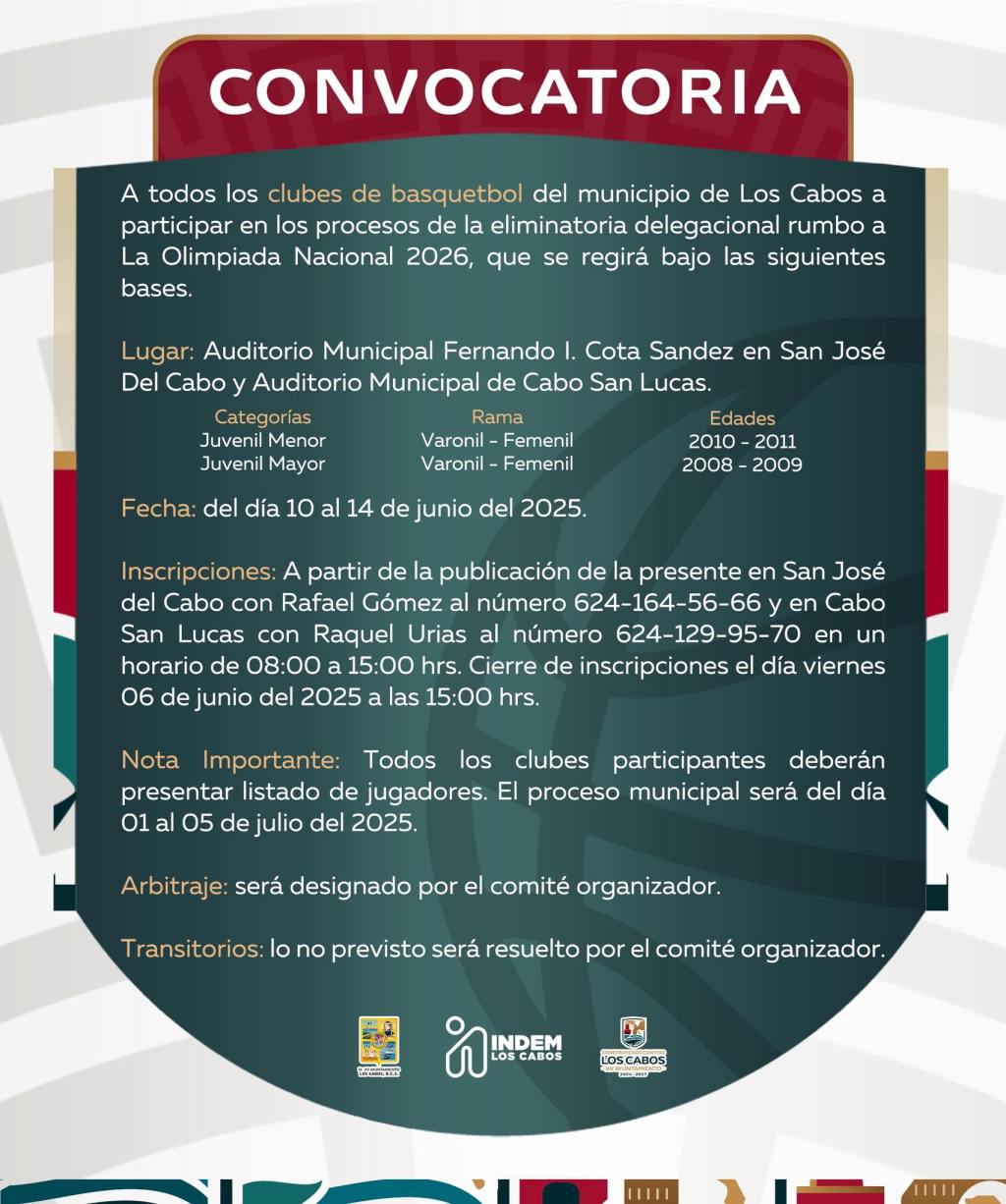 INDEM Convoca a Clubes de Básquetbol de Los Cabos a Proceso Eliminatorio Rumbo a la Olimpiada Nacional&nbsp;2026