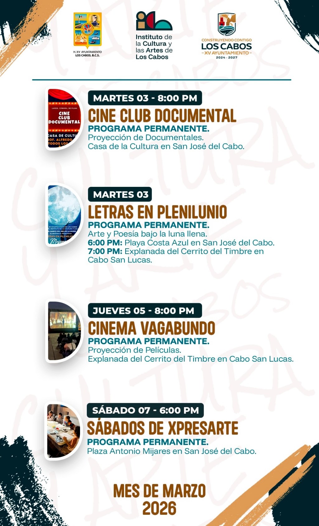 Esta es la agenda semanal artística y cultural en Los Cabos (03 de Marzo&nbsp;2026).