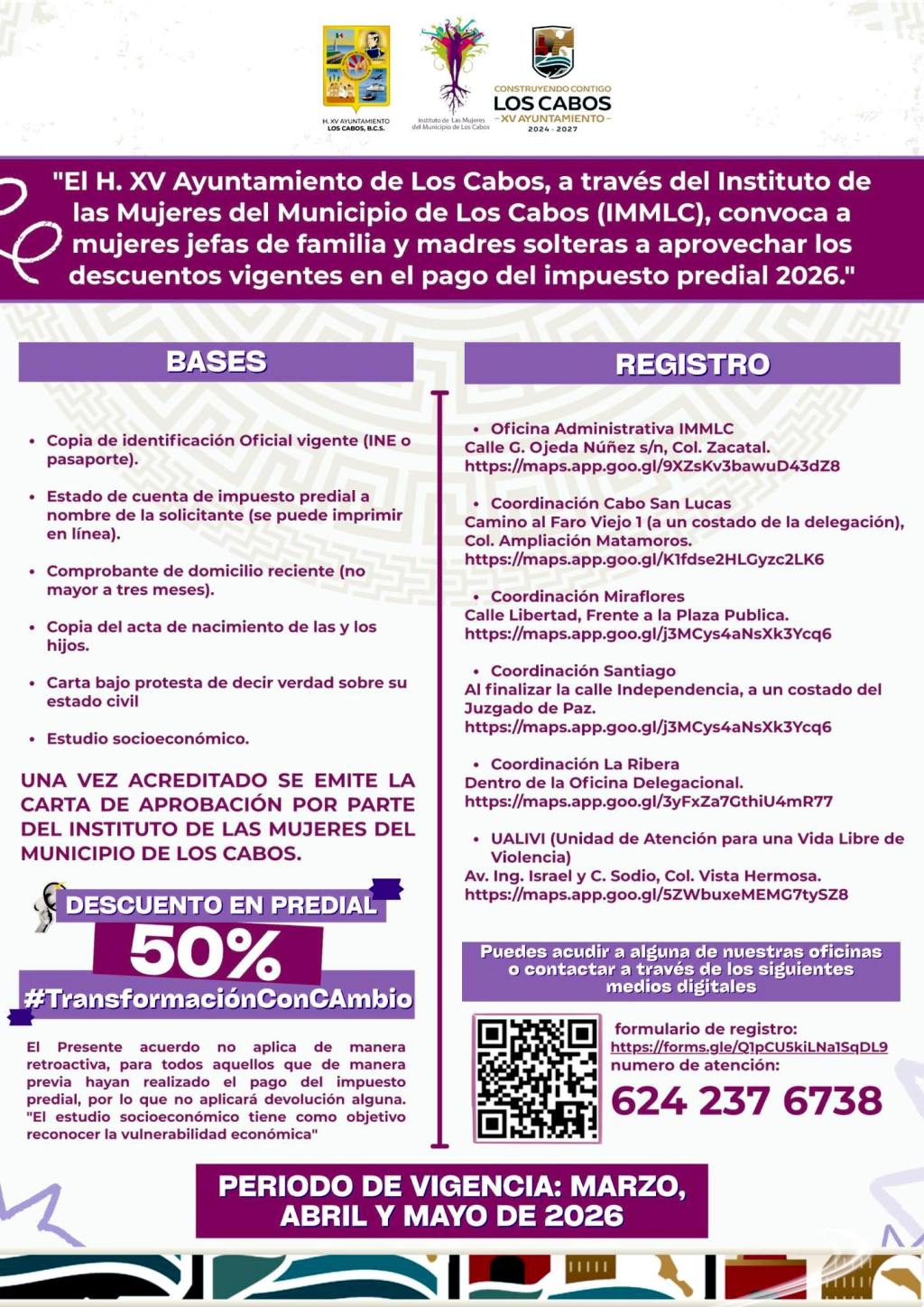 Continúa vigente descuento del 50% en predial para jefas de familia y madres solteras en Los Cabos (30 de Marzo&nbsp;2026).