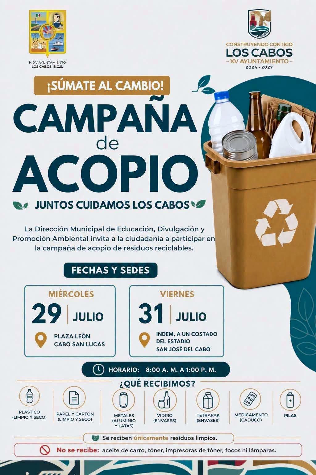 Invita Ecología de Los Cabos a participar en campaña de acopio de residuos reciclables (27 de Julio&nbsp;2026).