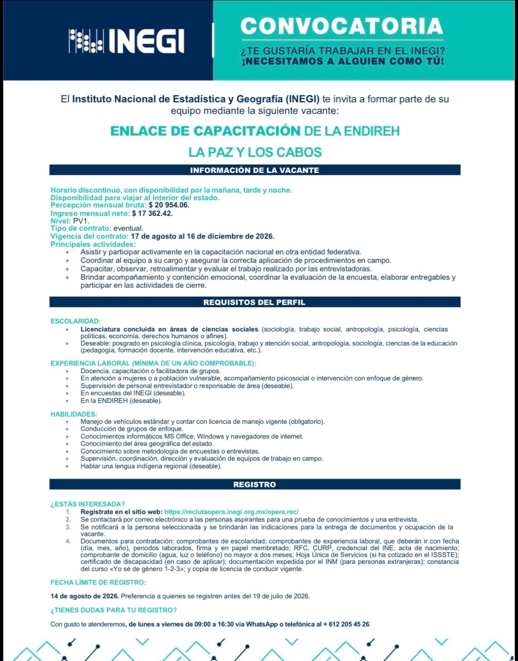 Abren vacante del INEGI para profesionistas en ciencias sociales de Los Cabos (02 de Agosto&nbsp;2026).