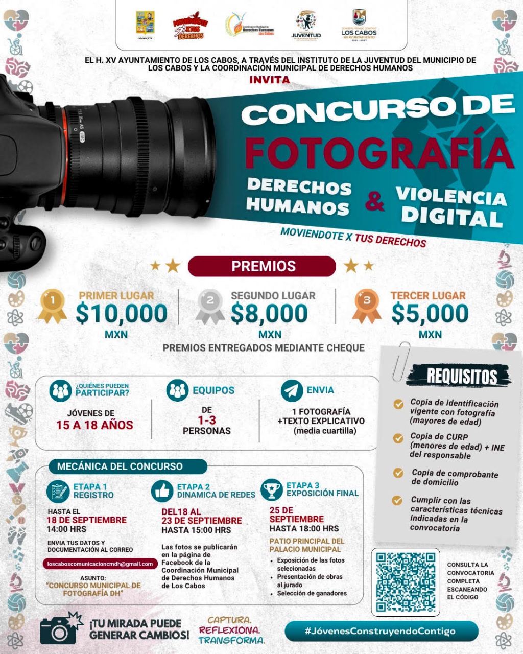 INJUVE Los Cabos ofrece premio de $10 mil pesos en Concurso de Fotografía “Derechos Humanos & Violencia Digital” (08 de Septiembre&nbsp;2026).