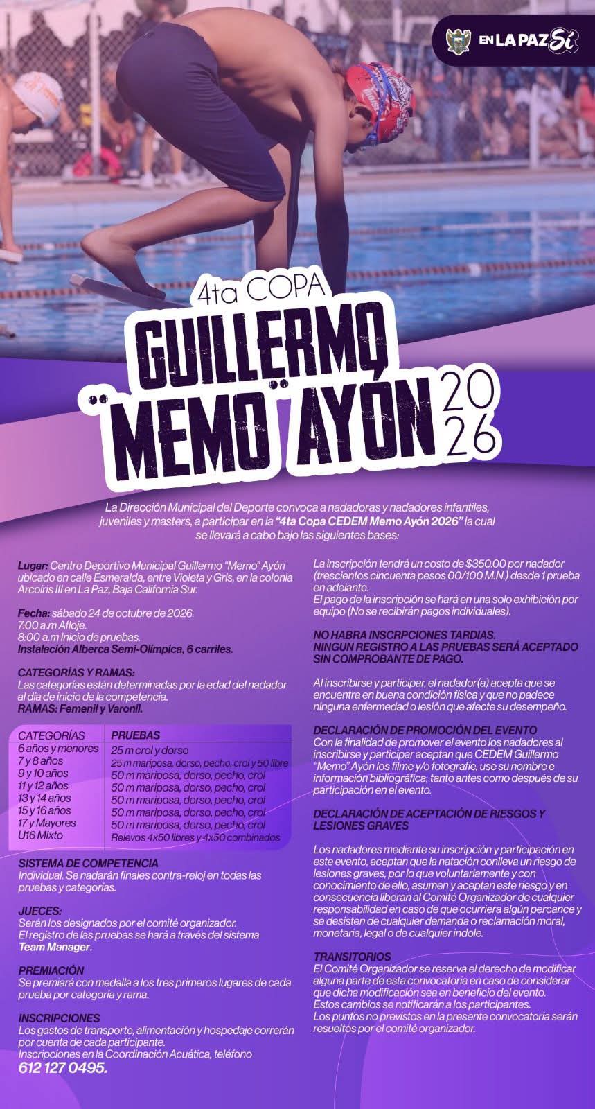 Invita Ayuntamiento de La Paz a la competencia de natación Copa Guillermo “Memo” Ayón (12 de Octubre&nbsp;2026).